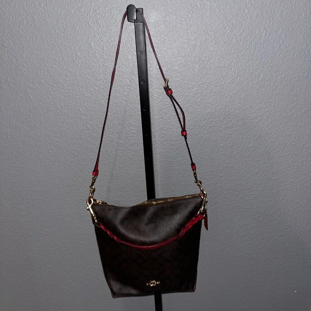 COACH ABBY DUFFLE SHOULDER & CROSSBODY STRAP BROWN SIGNATURE & RED NWOT 12